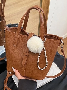 Borsa a Secchiello in Pelle PU a Grana Litchi alla Moda per Donna Elegante Borsa a Tracolla a Mano con Pendente in Pompon e Künstliche Perle Borsa Grande