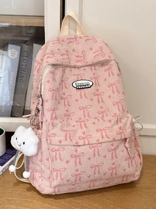 Japanese Style Cute Corduroy Backpack For Women Simple Student Campus School Bag Quilted Bowknot Heart Print Travel Daypack