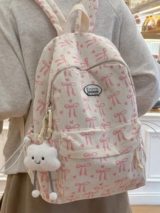 Japanese style beige corduroy backpack with pink bow prints and cute cloud charm