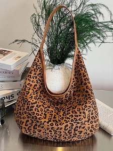 Vintage Leopard Print Suede Shoulder Bag Large Capacity Tote Bag For Women Retro Hobo Underarm Bag With Inner Pouch