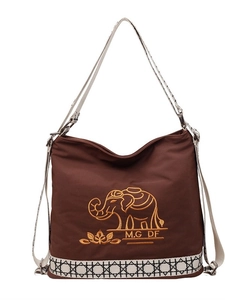 Dark brown embroidered canvas bucket bag with elephant pattern and geometric straps