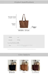Detailed size chart and multi-color suede tote bags shown in three elegant dark shades