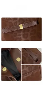 Close-up of leopard pattern suede texture and gold magnetic buckle on dark brown tote