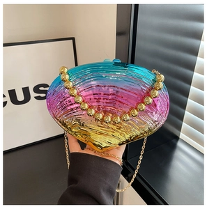 Detail of shell acrylic evening bag with gradient finish and gold bead handle