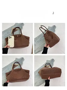 Detail view of large brown leopard print leather tote bag from four different angles