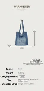 Blue denim tote bag with palm tree print showing detailed size dimensions and weight info