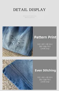 Detail of washed denim bag featuring printed palm trees and reinforced stitching