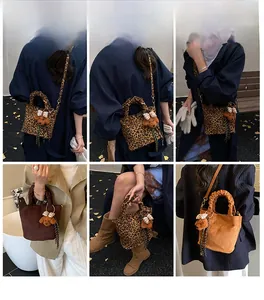 Collage of chic bucket bags in leopard print and suede finish with teddy bear charms