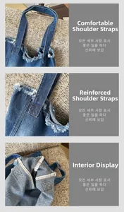Detail of denim tote bag showing comfortable strap and reinforced stitching with frayed edges