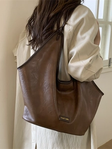 Minimalist large capacity dark brown PU leather tote bag for women with vintage texture