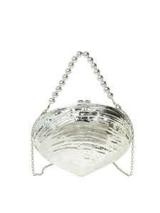 Silver shell-shaped evening clutch bag with pearl bead handle and thin metal chain strap
