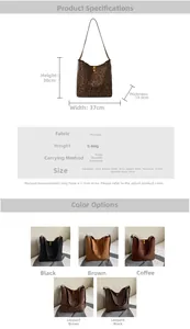 Detailed chart showing faux suede leopard tote dimensions and various color options