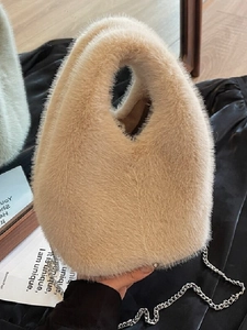 Plush Bucket Bag For Women Trendy Faux Fur Crossbody Bag Autumn Winter Chain Shoulder Bag Soft Warm Solid Color Handbag