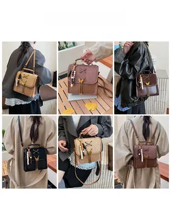 Multiple views of a vintage bow backpack with wooden bead charms and flap closure