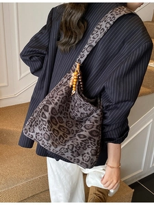 Retro faux suede leopard print hobo shoulder bag with wooden beads and wide strap