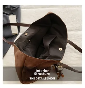 Macro view of brown suede tote bag interior featuring magnetic closure and pockets