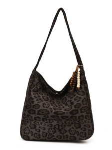 Large leopard print shoulder bag in gray suede with retro wooden bead tassel decoration