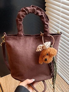 Retro Frosted PU Mini Bucket Bag For Women French Style Crossbody Bag With Plush Puppy Pendant Pleated Handle Fashion Bag