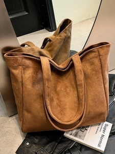 Brown suede tote bag with large capacity and minimalist design for casual daily use