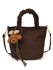 Retro frosted leather mini bucket bag in dark brown with cute teddy dog charm pendant