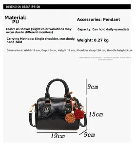 Detailed size chart showing a black Boston bag with dimensions 19x9x15cm and plush charm