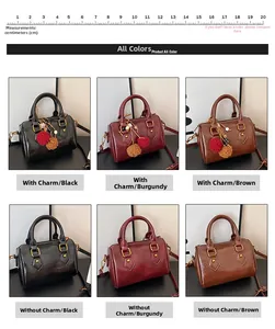 Detailed views of vintage boston bags in black, burgundy and brown with litchi texture