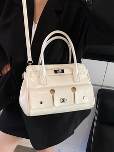 Grand sac à main chic beige brillant avec poches multiples et bandoulière réglable