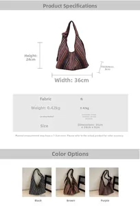 Detailed size chart for bohemian striped canvas tote bag with product specifications