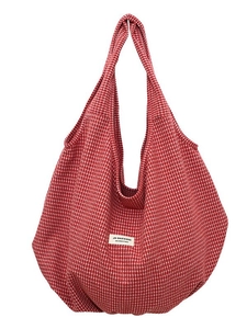 Grande borsa tote in nylon a quadretti rossi e bianchi con dettaglio etichetta