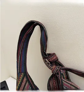 Detail of colorful woven bohemian strap with geometric patterns and reinforced knots