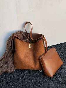 Brown faux suede large tote bag set with metal lock clasp and matching inner pouch