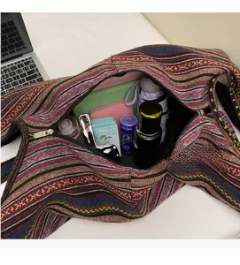 Top view of open ethnic tote bag showing large interior space for daily essentials