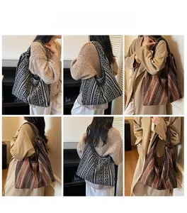 Detailed views of Bohemian ethnic tote bags with vintage geometric jacquard patterns