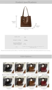 Detailed size chart and color selection for vintage PU leather tote bag with product specs