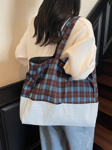 Grand sac cabas en toile à carreaux et patchwork pour femme, idéal pour le travail