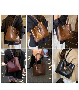 Collage of large tote bags in various colors shown through model outfit displays
