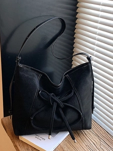 Women Vintage Frosted PU Large Tote Bag With Bowknot Contrast Stitching Casual Daily Crossbody Shoulder Bag