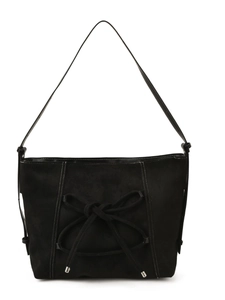 Matte black tote bag with white contrast stitching and decorative knot detail