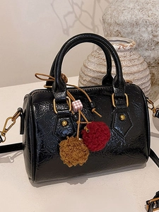 Women Retro PU Leather Boston Cylinder Bag Vintage Solid Color Crossbody Shoulder Bag With Pompom Charm Top Handle Bag