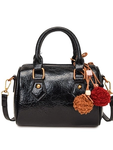 Retro black patent leather Boston bag with vintage tassel and detachable shoulder strap