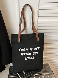 Sac Cabas en Toile pour Femmes Grande Capacité Imprimé Lettre Sangle de Couleur Contrastée Fermeture Éclair Sac à Épaule