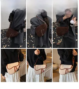 Detail of plush saddle bag featuring leather straps and metal buckles in multiple views