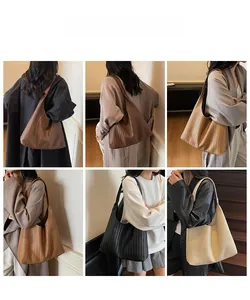 Collage aus gewebten Leder-Hobo-Taschen in sechs Farben, getragen von einem Modell