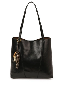 Large black oil-wax leather tote bag with retro beaded tassel and V-stitch detail