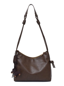 Retro deep brown hobo bag with top zipper, knot strap details and cute novelty charms