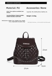 Detail view of rhombic bucket backpack showing dimensions 21x21x12cm and weight 0.42kg