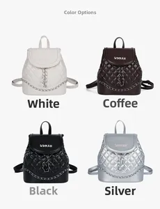 Detailed view of quilted PU leather mini backpacks in white, coffee, black and silver colors