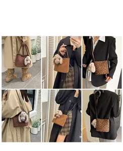 Collage di borse in pelle scamosciata opaca con ciondoli a coniglio in vari outfit moda