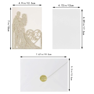 Detailed laser-cut glitter gold wedding invitation set with dimensions and white envelopes