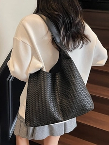 Schicke schwarze gewebte Leder-Hobo-Tasche für Damen mit großem Fassungsvermögen